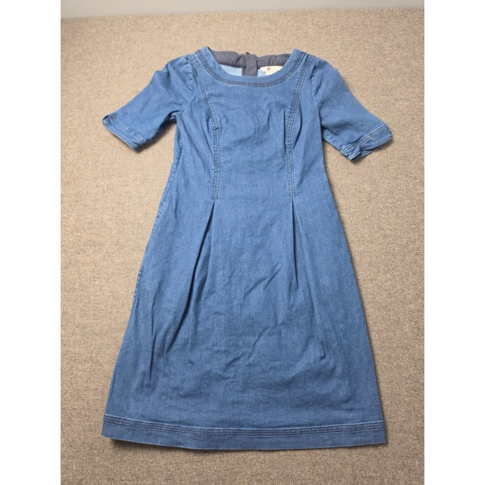 Boden Shift Dress Womens 2R Blue Denim Stretch Short Sleeve Pockets Back Zip